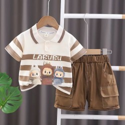 White Brown Stripe L@bubu Set Short Pants