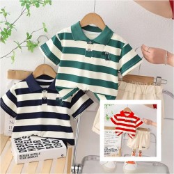 Red Stripe P0lo Shirt Set Short Pants