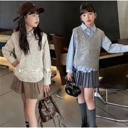 3in1 Stripe Shirt Set Knit Outer and Pleated Skirt