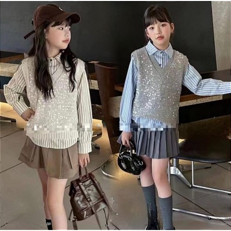 3in1 Stripe Shirt Set Knit Outer and Pleated Skirt