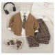 4in1 White Shirt with Tie Brown Knit Cardigan Set Plaid Pants