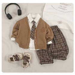4in1 White Shirt with Tie Brown Knit Cardigan Set Plaid Pants