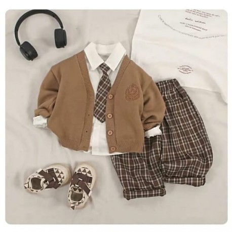 4in1 White Shirt with Tie Brown Knit Cardigan Set Plaid Pants