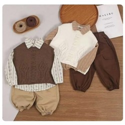 3in1 Patterns Shirt Knit Vest Set Pants