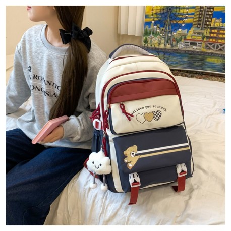 White Red Navy Three Heart Bear Backpack