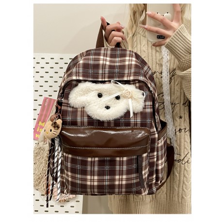 Brown Plaid White Fluffy Dog Backpack