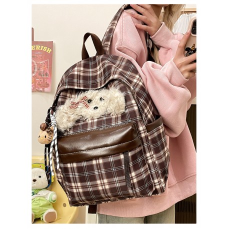 Brown Plaid Beige Fluffy Dog Backpack