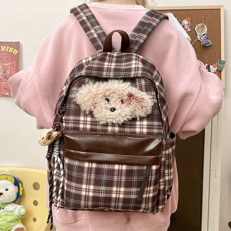 Brown Plaid Cream Fluffy Dog Backpack