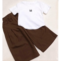 White M Top Set Brown Wide Pants