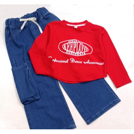 Red Keep Love Top Set Denim Cargo Pants