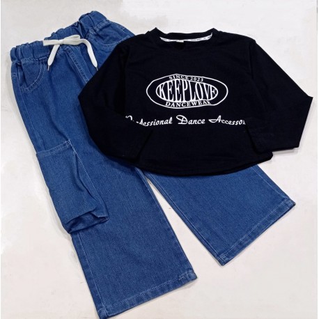 Black Keep Love Top Set Denim Cargo Pants