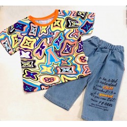 Orange V Pattern T-Shirt Set Denim Pants