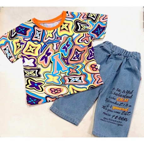 Orange V Pattern T-Shirt Set Denim Pants