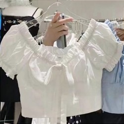 White Ruffle Puffy Sleeve Crop Top