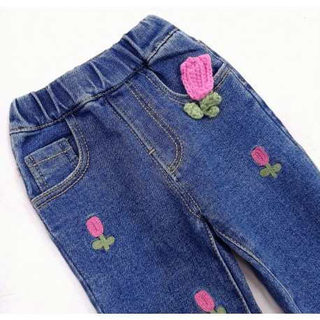 Pink Tulip Embroidery Denim Pants + Hairclips