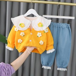 3in1 White Flower Collar Shirt Set Yellow Cardigan and Jeans