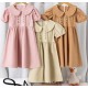 Pink Oval Collar Front Floral Embroidery Dress