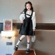 White Ruffle LS Shirt Set Black Skirt Overalls