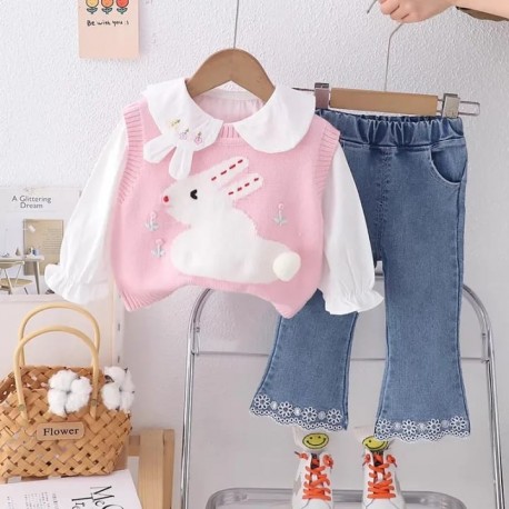 Cute Collar Bunny Top Set Denim Pants