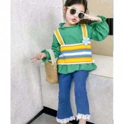 Green Rainbow Stripe Top Set Pants