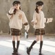 Cream Bear LS Top Set Brown Plaid Pleated Skort
