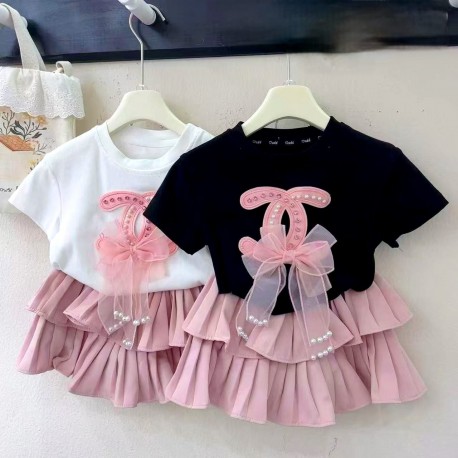 White Double C Pearl Ribbon Top Set Layered Skirt