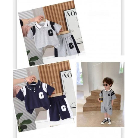 Navy Two Tone Shoulder C Shirt Set Pants