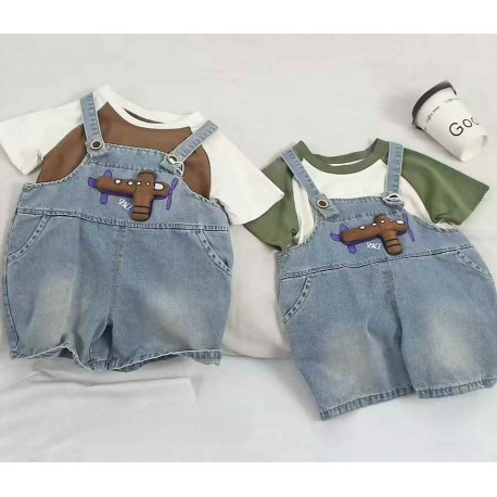 Brown 3D Aeroplane Denim Overall Set Two Tone T-shirt
