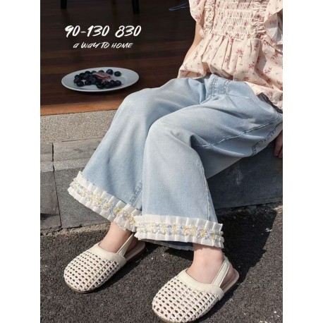 White Pleated Ruffles Denim Pants