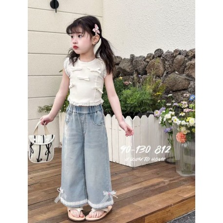 White Lace Ribbon Denim Pants