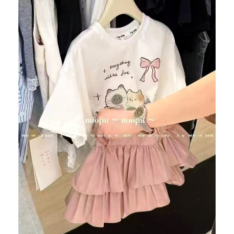 Cute Ribbon Cats Top Set Layered Skirt