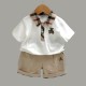 Cream Brown Plaid Bear Shirt Set Pants