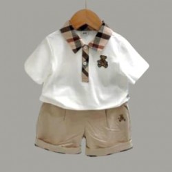Cream Brown Plaid Bear Shirt Set Pants