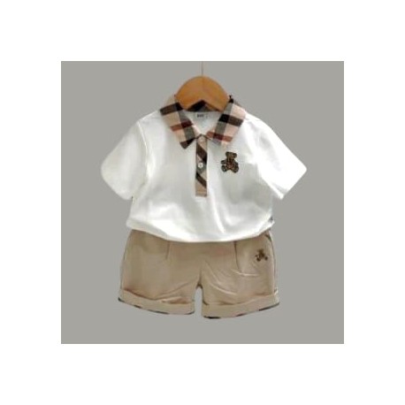 Cream Brown Plaid Bear Shirt Set Pants