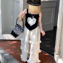 Black Heart Tank Set Cream Ruffle Pants