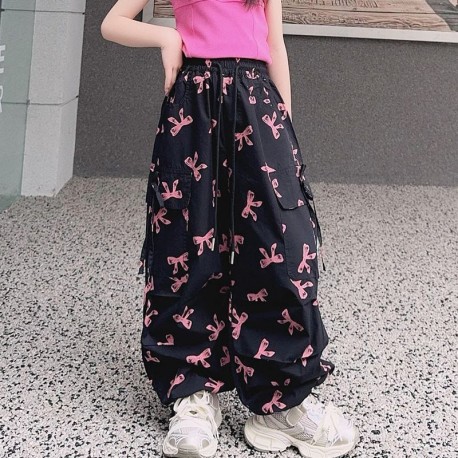 Black Pink Ribbon Korean Cargo Pants