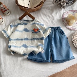 Beige Blue Tie Dye Top Set Denim Shorts