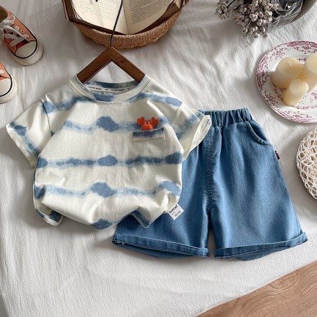 Beige Blue Tie Dye Top Set Denim Shorts