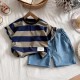 Navy Brown Stripe Top Set Denim Shorts