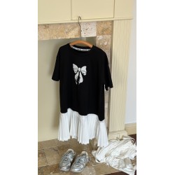 Black White Ribbon Pleated Dress
