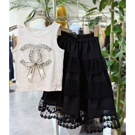 White Double C Pearl Ribbon Top Set Lace Skirt