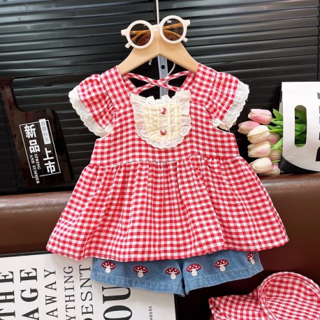 Red Plaid Lace Top Set Denim Shorts