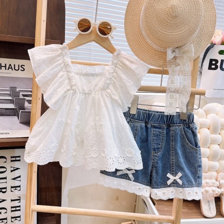 White Eyelets Ruffles Top Set Lace Denim Pants