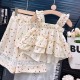 Cream Polka Ruffle Top Set Pants