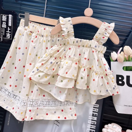 Cream Polka Ruffle Top Set Pants