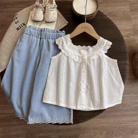 White Lace Eyelets Top Set Denim Pants