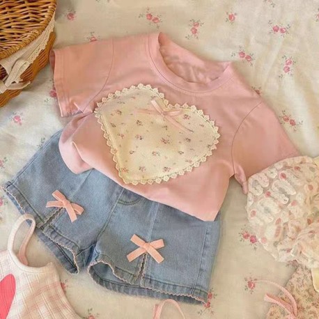 Pink Big Heart Top Set Denim Short
