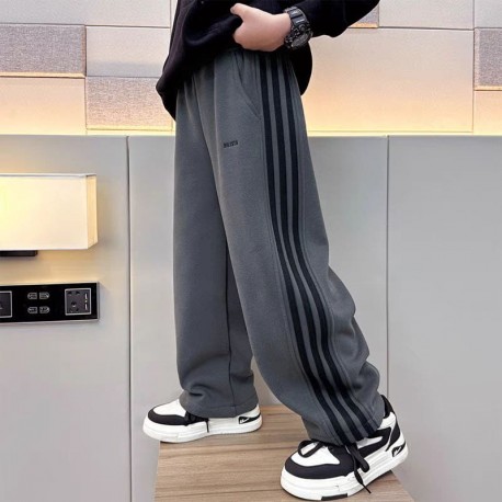 Dark Grey Three Stripes Wide Korean Pants