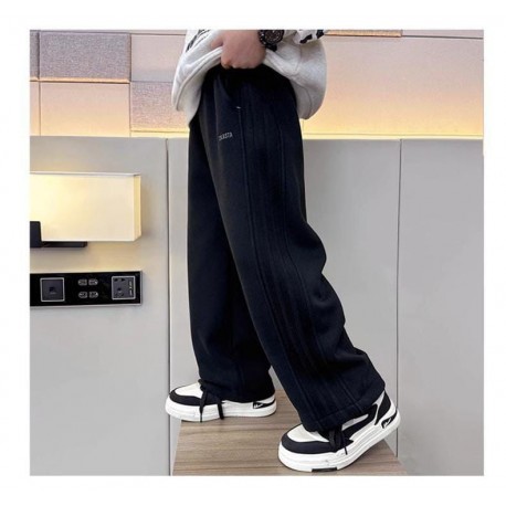 Black Three Stripes Wide Korean Pants