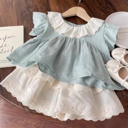 Blue Lace Ruffle Top Set White Lace Pants